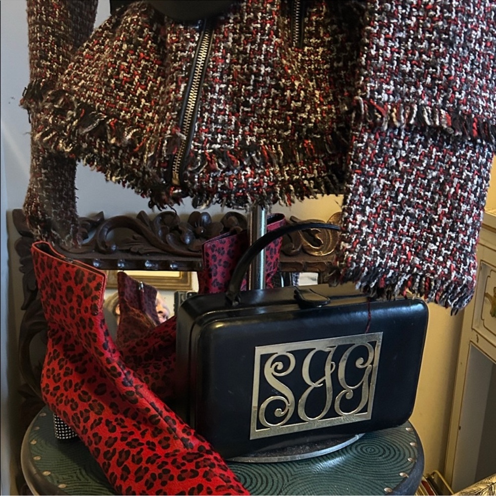 Chic Tweed Jacket and Red Leopard Boots, Vintage Handbag